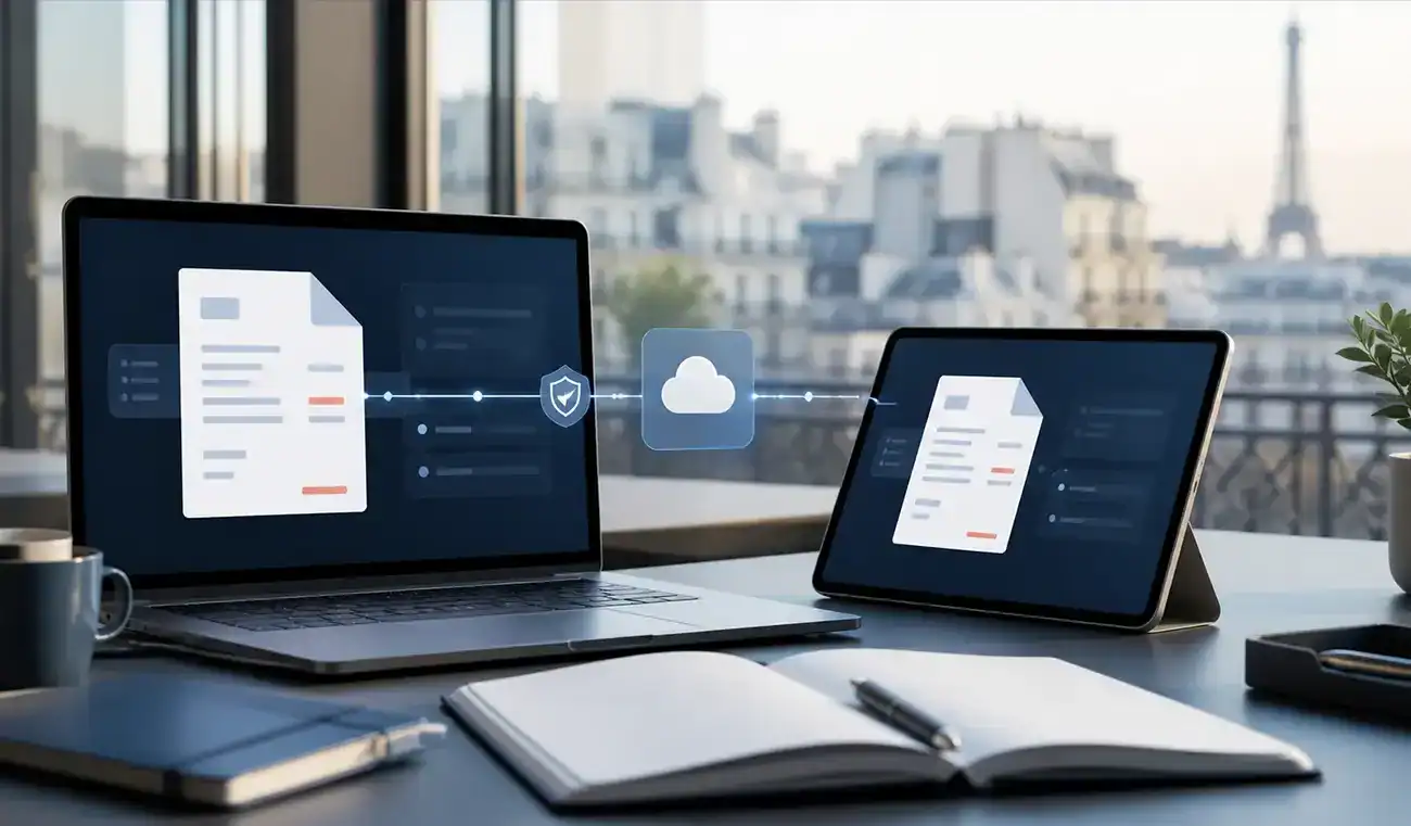 Electronic invoices being securely transmitted between business systems with Paris in the background.